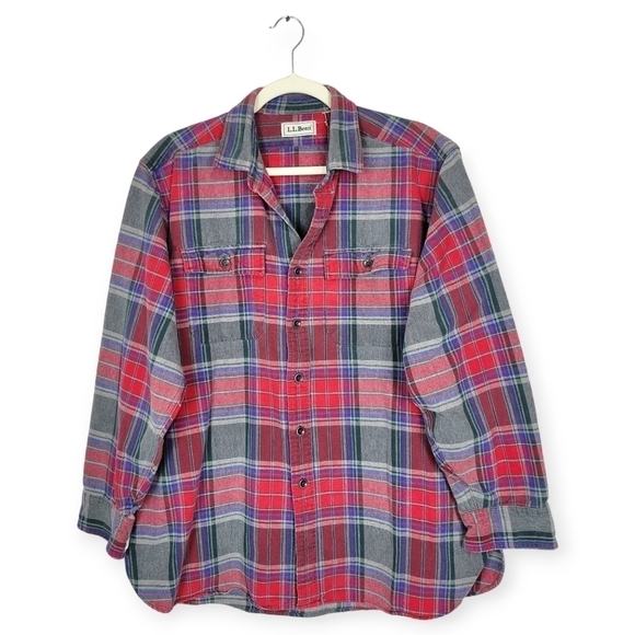 Vintage 90's L.L. Bean Red Gray Plaid Oversized Heavy Button Up Shirt Shacket - Picture 1 of 5
